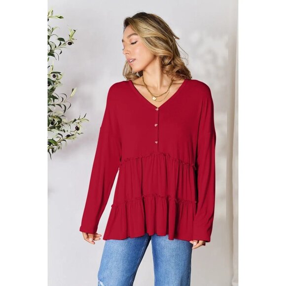 Double Take Half Button Long Sleeve Ruffle Hem Blouse - Picture 6 of 6